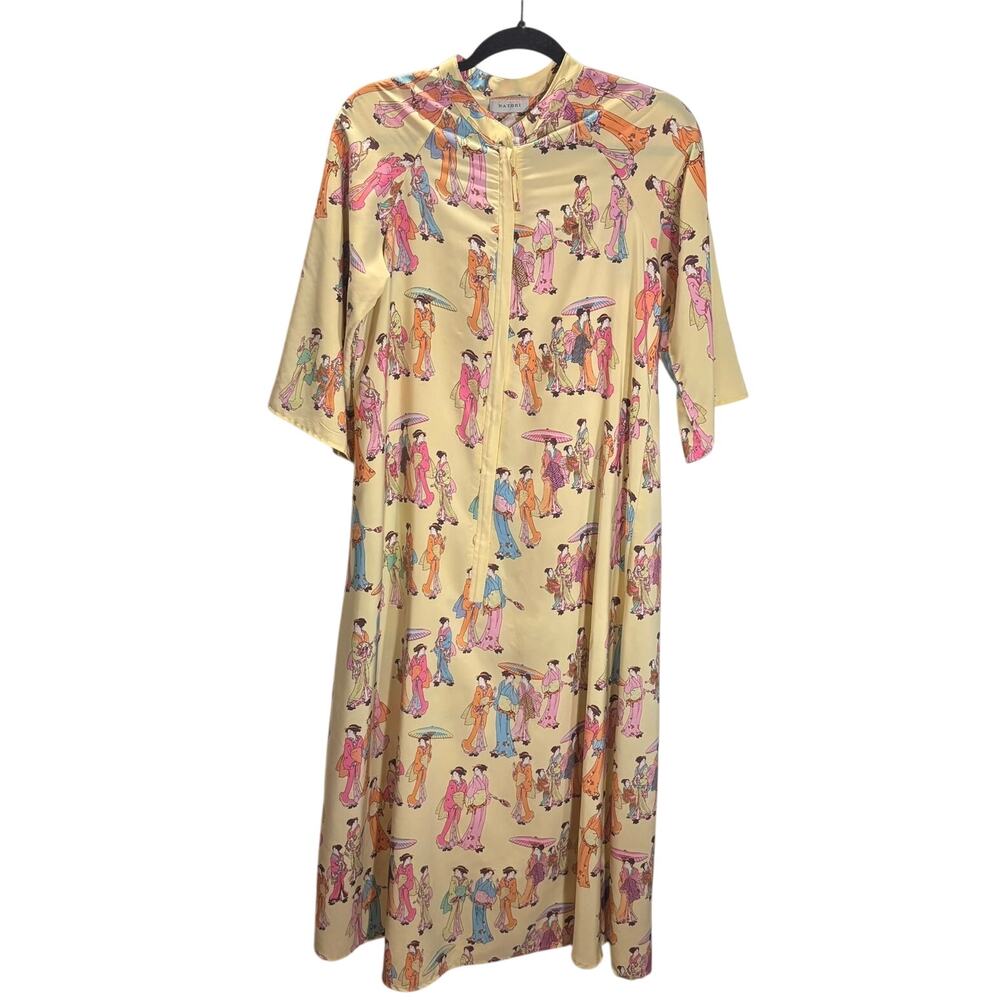 Natori Silk Blend Maxi Dress Asian Geisha Print Yellow Pink 3/4 Sleeve Size M